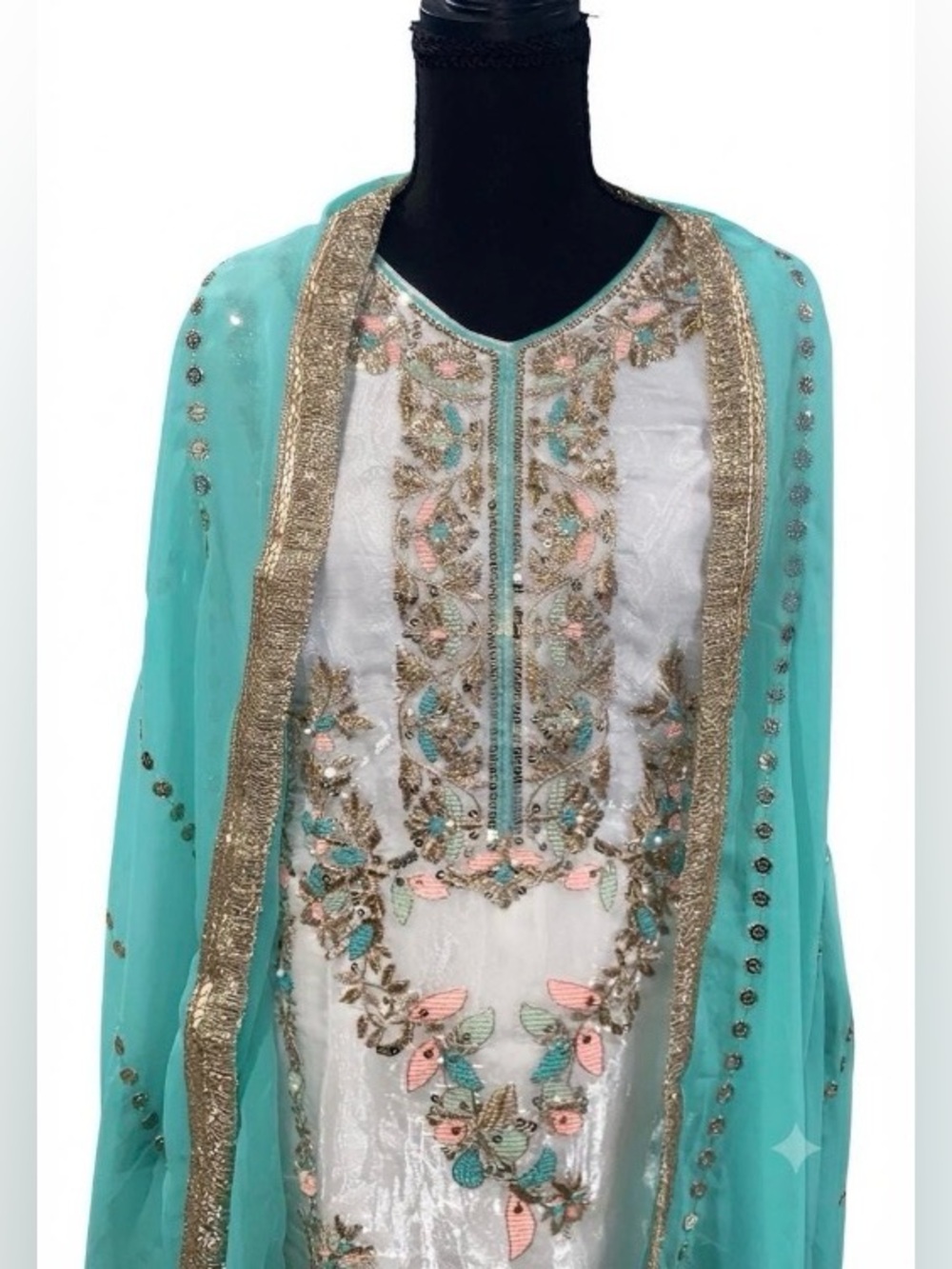 White Embroidered Silk Mix Suit Set - Picture 4 of 7